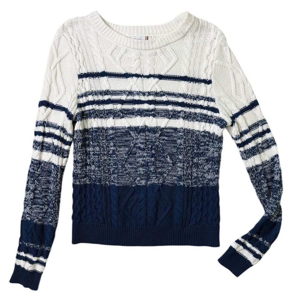 C&C California Cable Knit Sweater Womens S White Blue Stripe Coastal Nautical‎